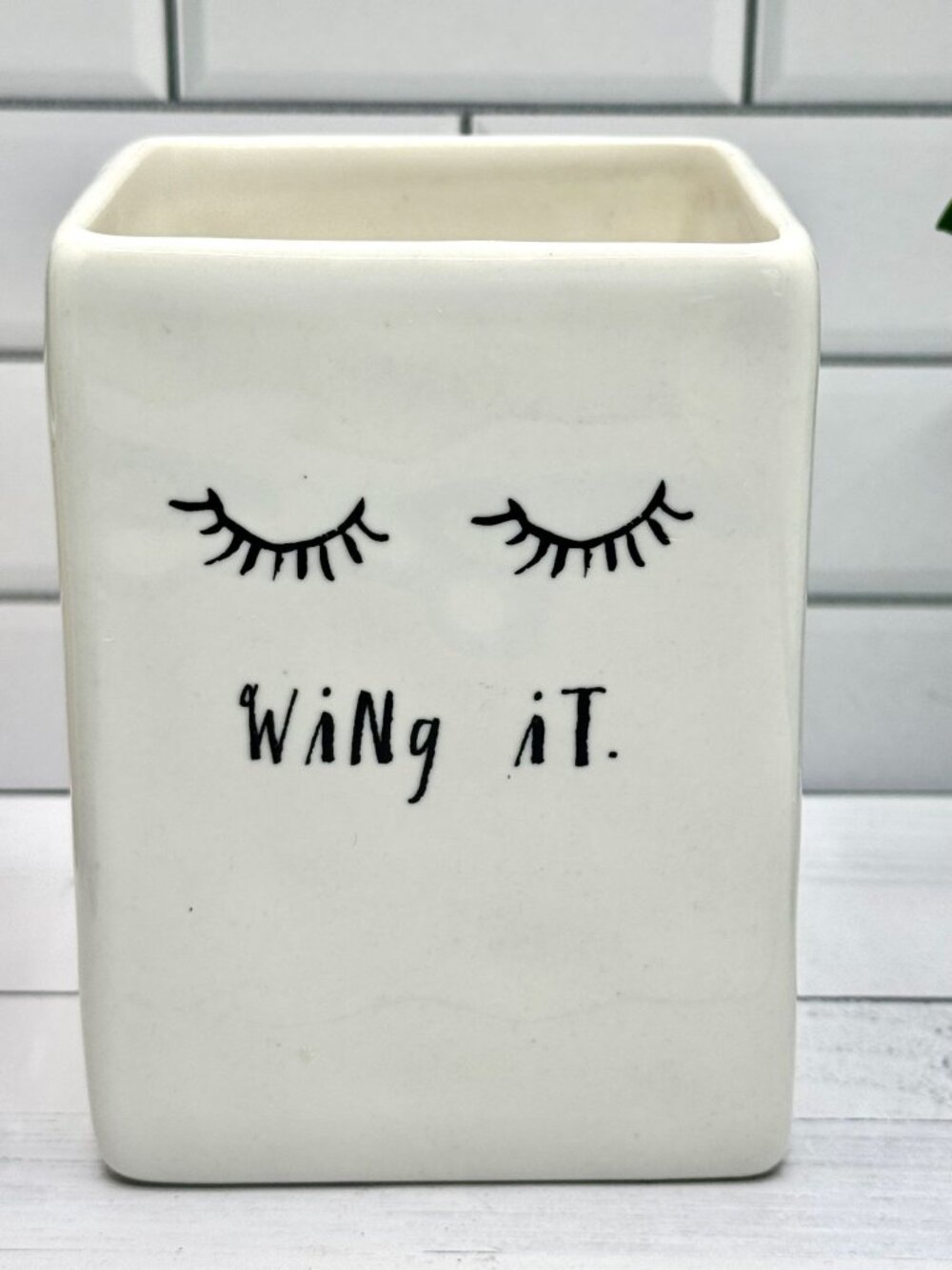 Rae Dunn Artisan Collection "Wing It" Ceramic Square Makeup Brush Holder